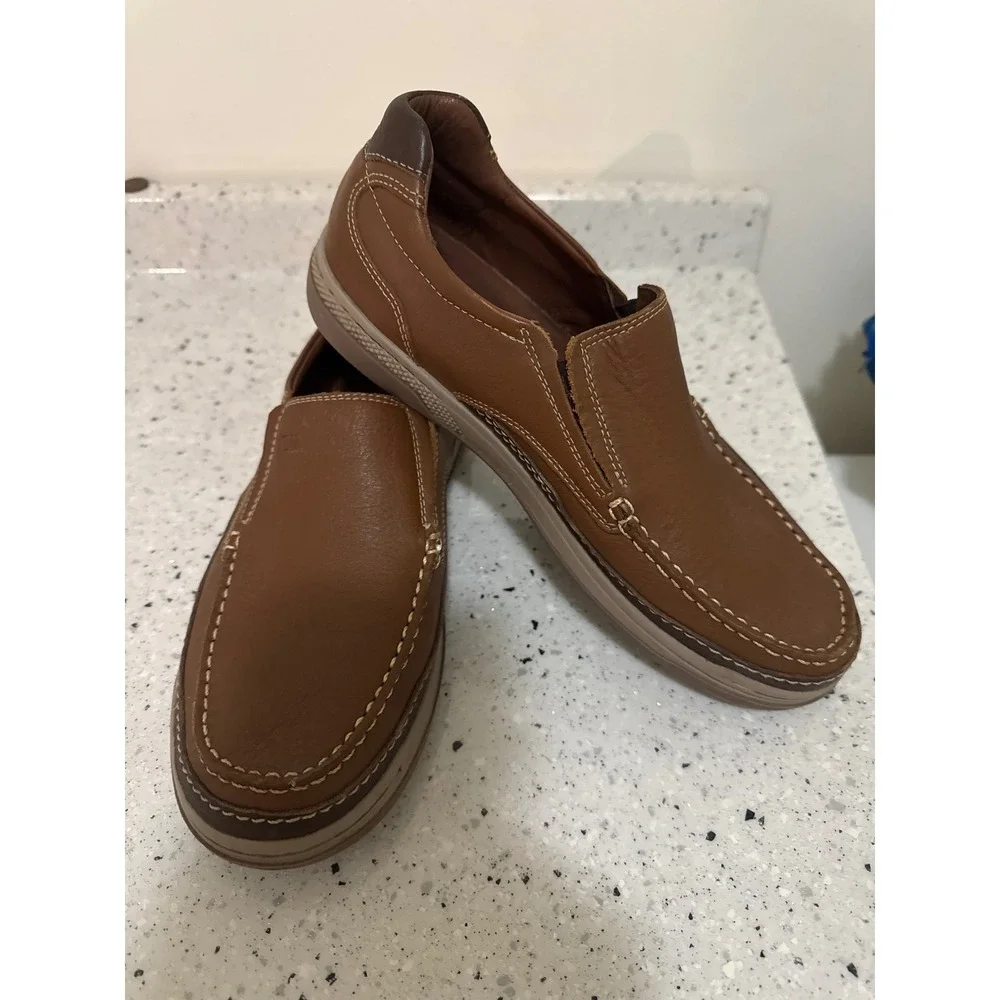 Calimod Mens Tan Brown Leather Slip On Loafers Moc Toe Shoes‎ Size 9